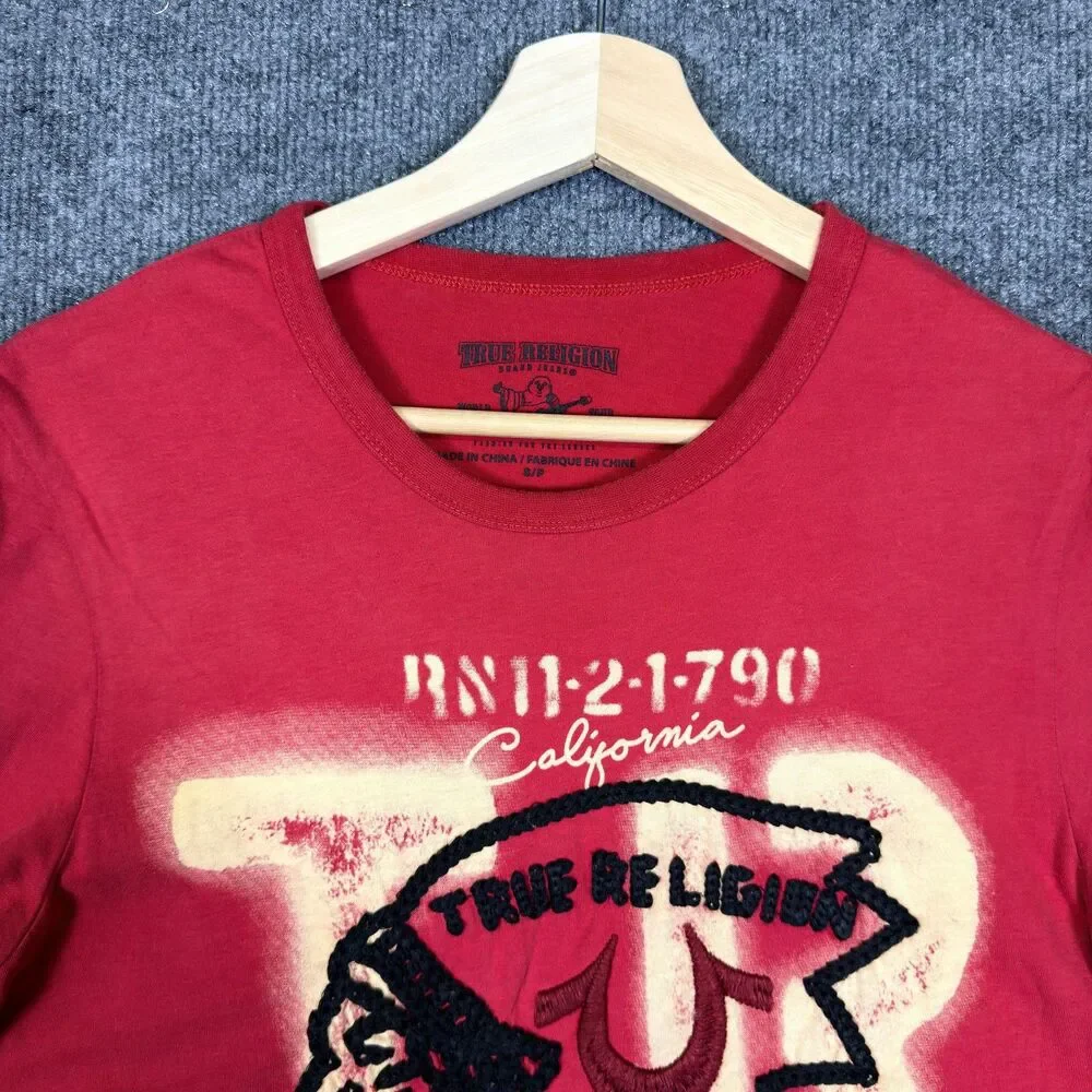 True Religion Mens Graphic T Shirt Size S Red Embroidered Los Angeles Logo Tee